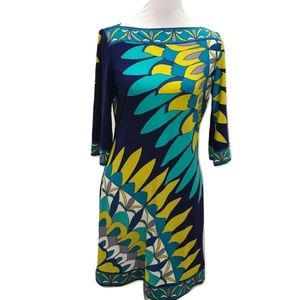 Donna Morgan Teal and Yellow Patterned Midi Dress